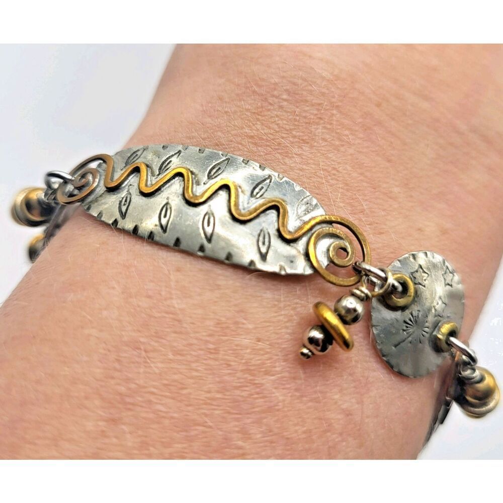 Marcia Q Miller Signed Pewter Brass Artisan Made Funky Bracelet 7.25in